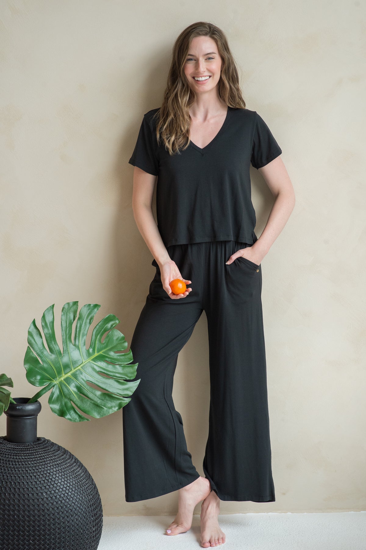 "V" NECK TEE & WIDE LEG LOUNGE PANT SET